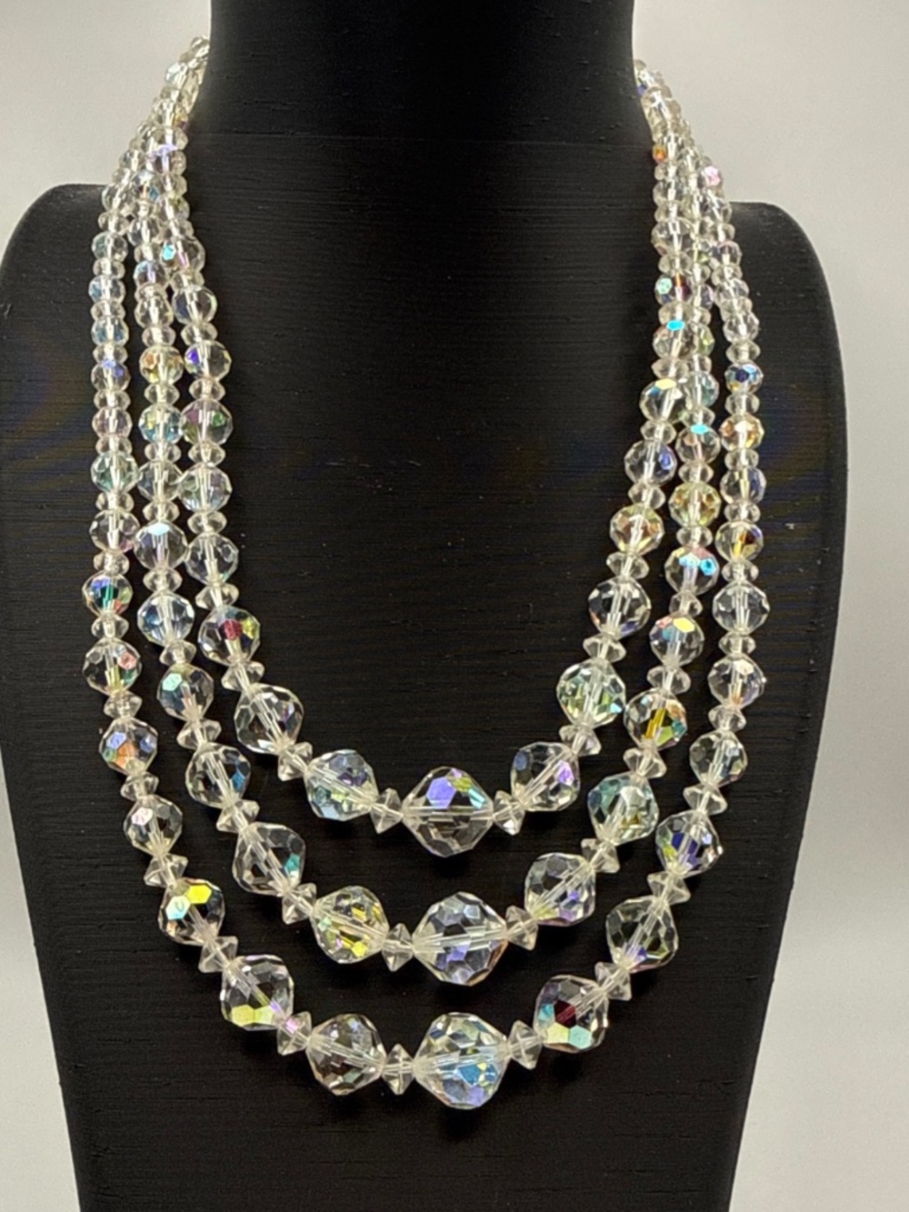 Vintage Mid Century Aurora Borealis Crystal 3 Strand Necklace Faceted Glass Bead